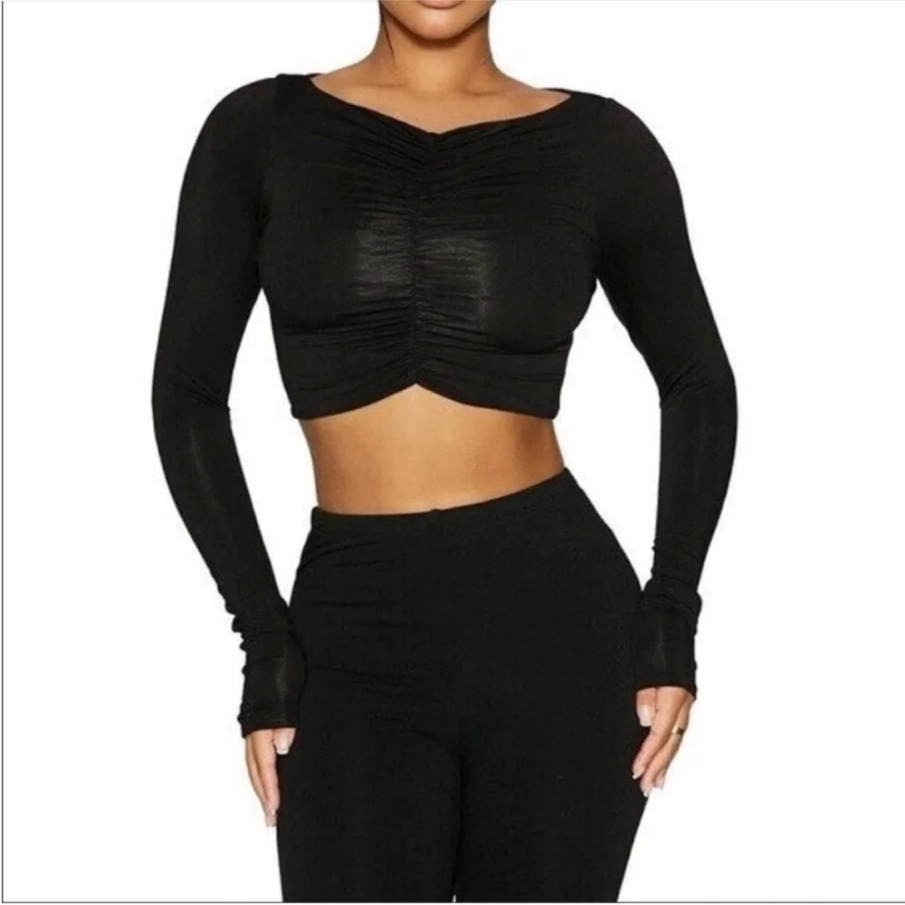 Naked Wardrobe Ruched Cropped Long Sleeve Top | Chocolate Brown | XL | NWOT